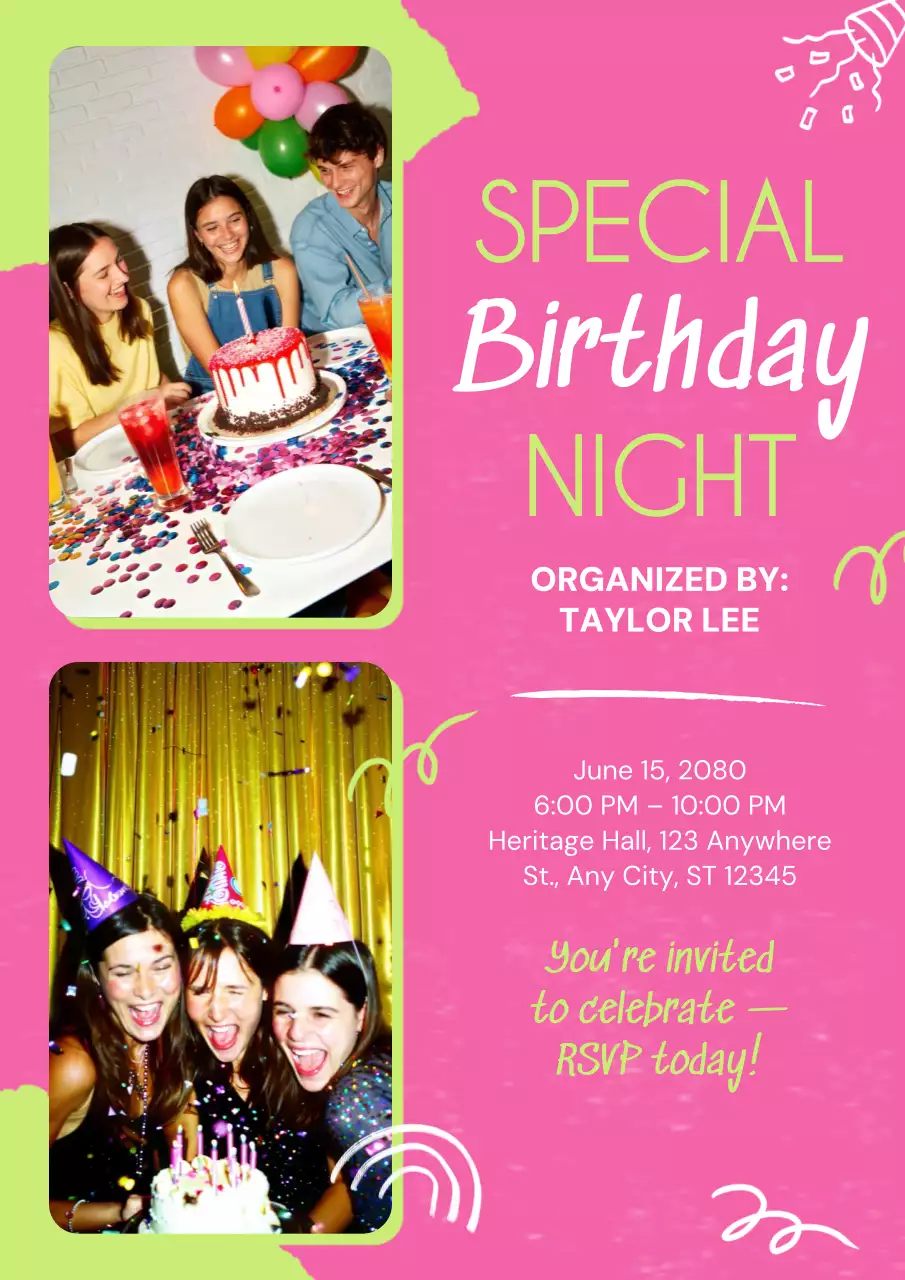 Pôster de convite de aniversário retrô rosa