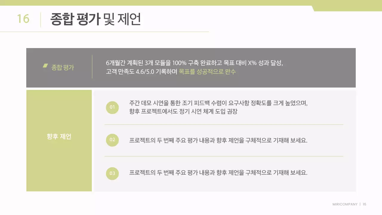 흰색과 연두색의 깔끔한 비즈니스 프로젝트 보고서