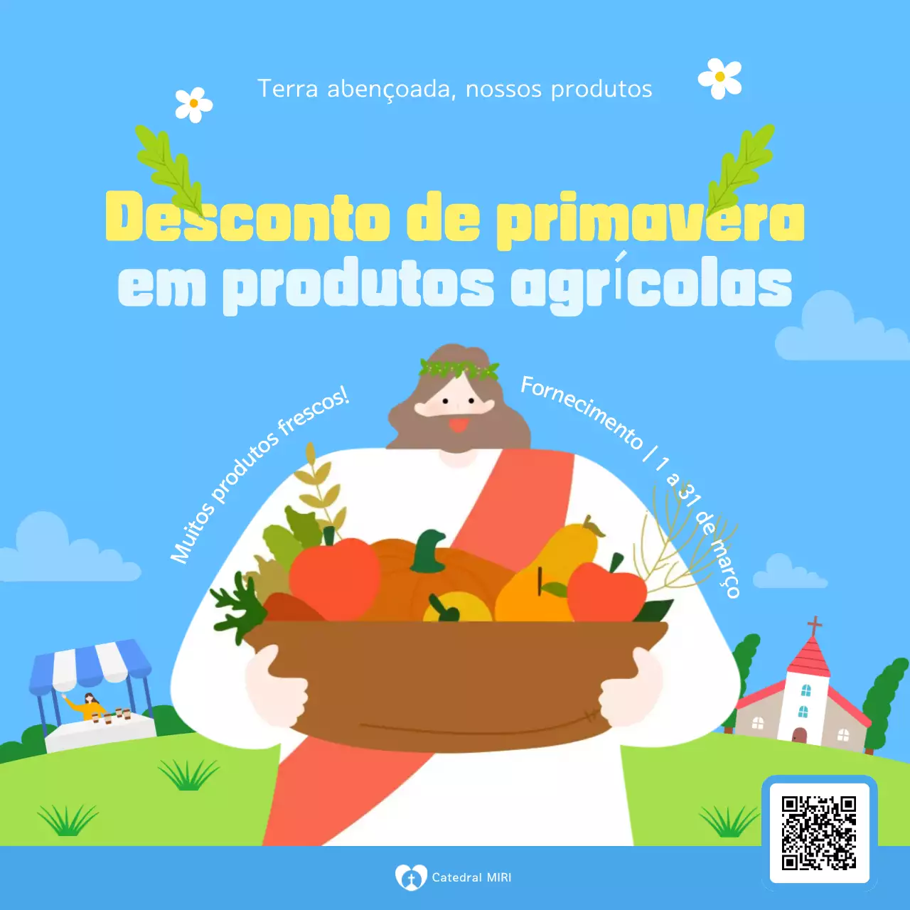 Venda de produtos agrícolas fofos em azul celeste