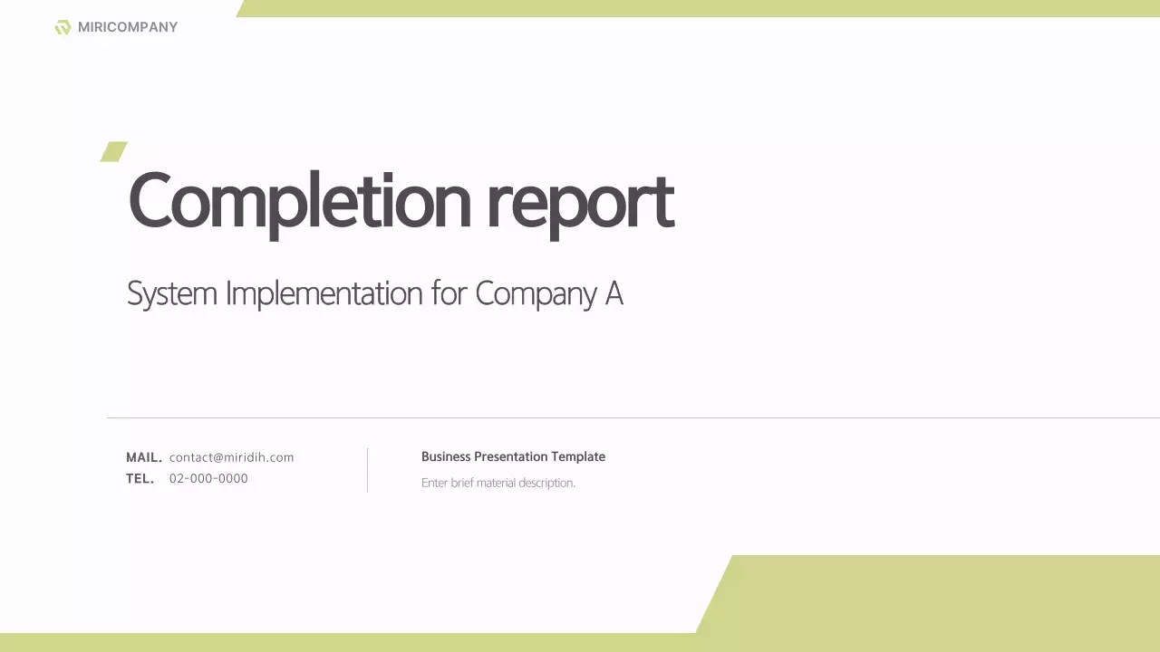 A clean business project report in white and lime green.