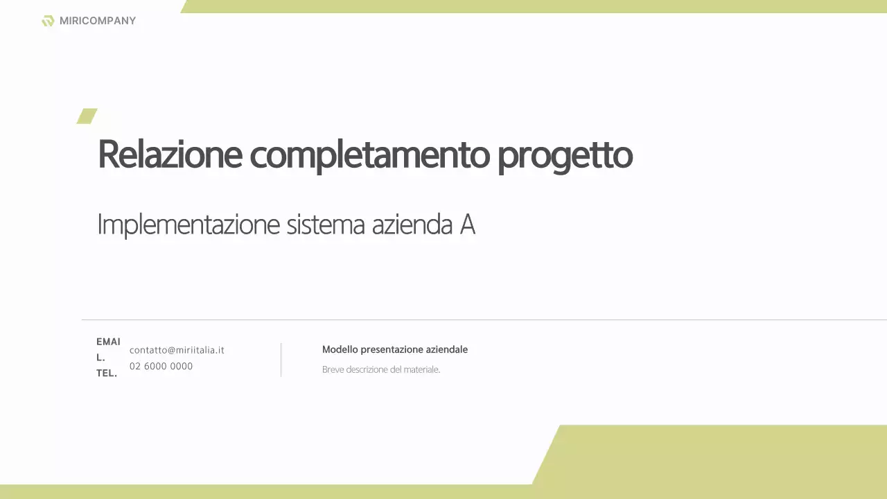 Un report di progetto aziendale pulito in bianco e verde lime.