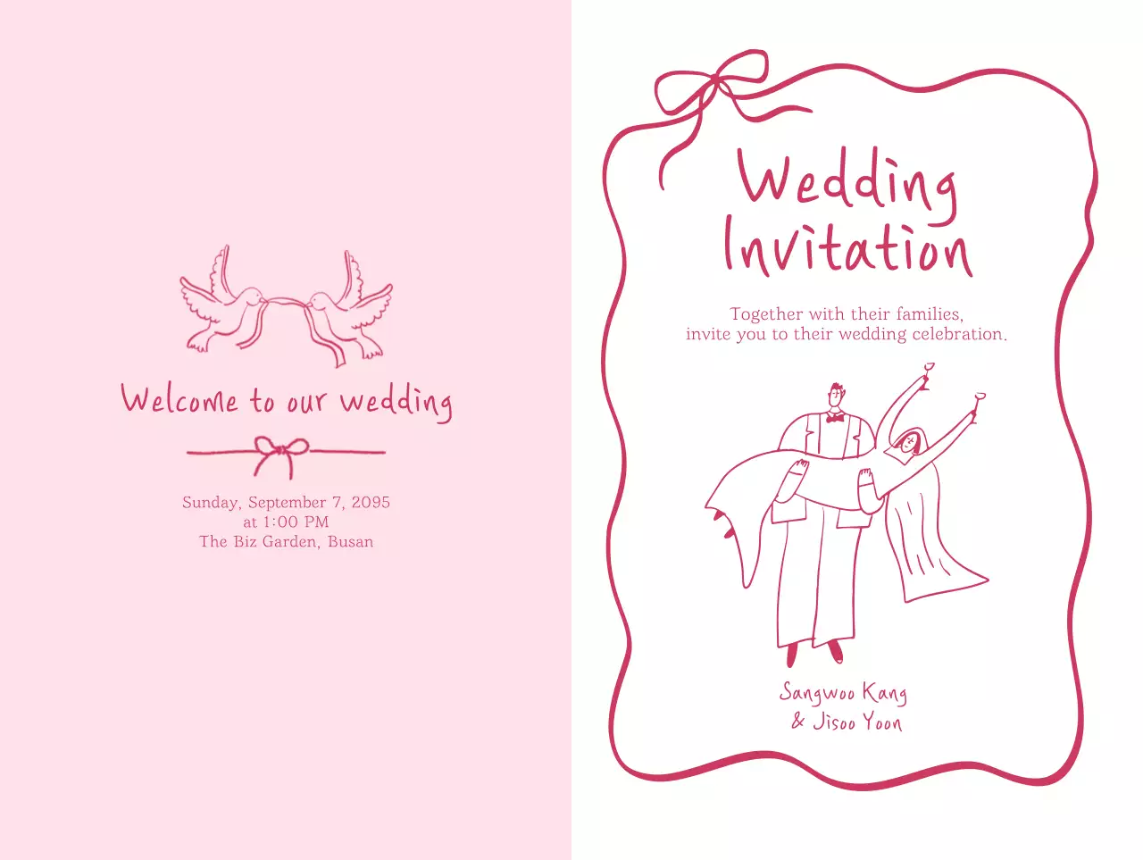 핑크 아기자기한 결혼 초대장