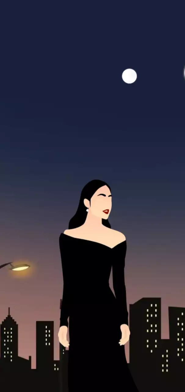 현대적인 도시 풍경 속에 세련된 소녀가 있는 포스터