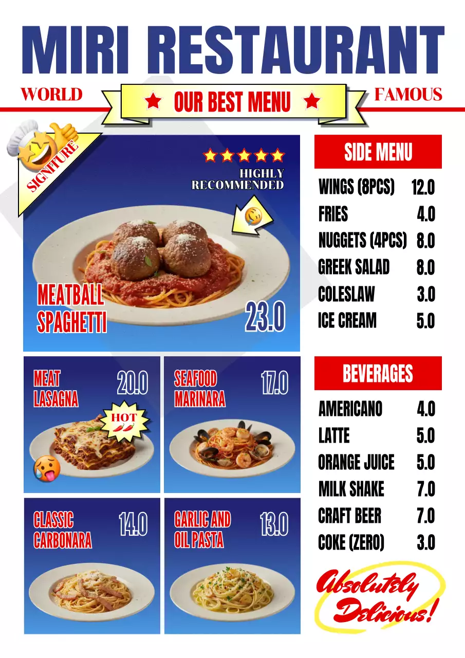 미국 감성 파랑색 레스토랑 메뉴판