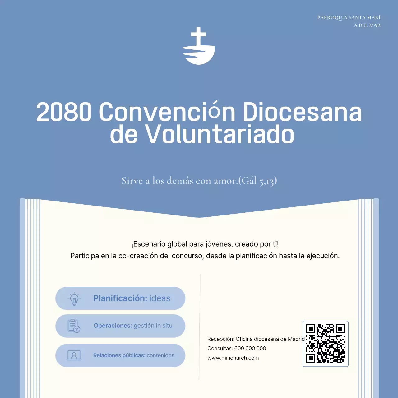 Reclutamiento de voluntarios para el evento católico moderno Sky Blue