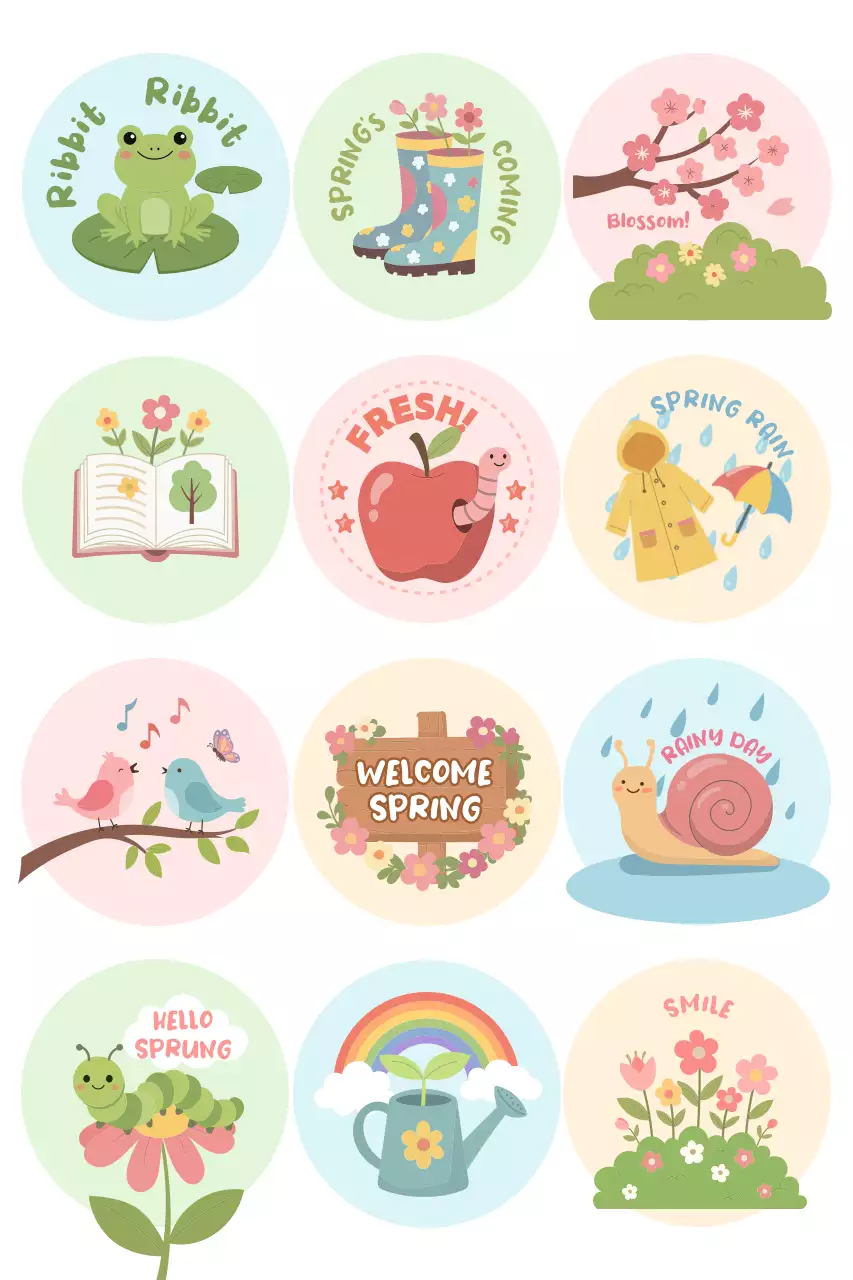 minh họa mùa xuân vui tươi với tông màu pastel