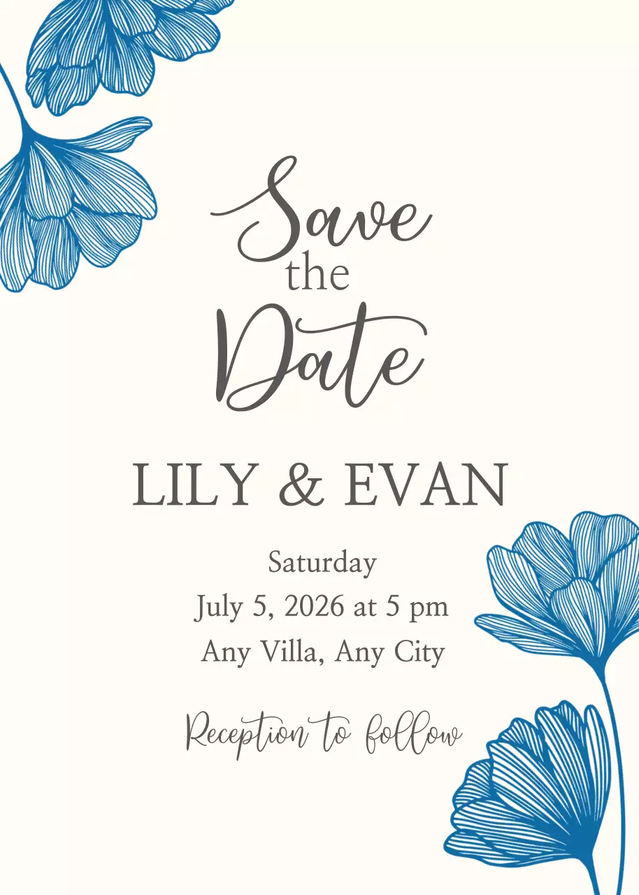 Blue Line Art Flower Save the Date