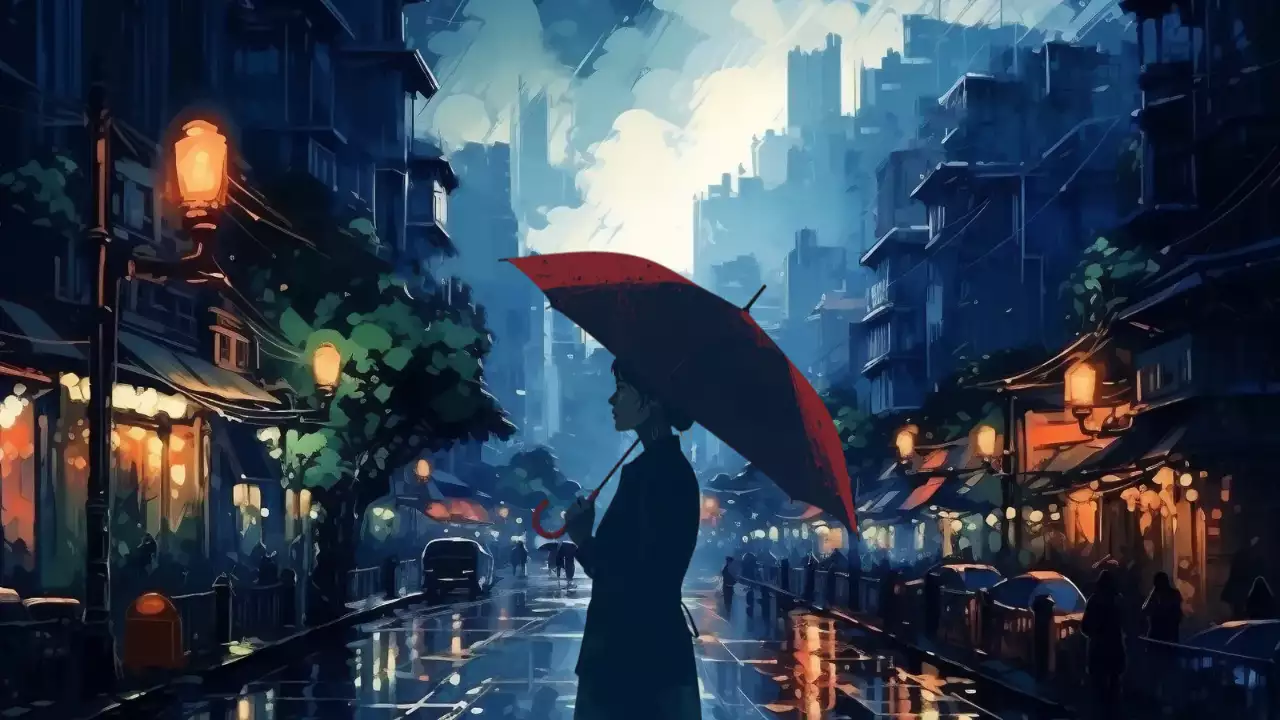 비 오는 날의 고전적인 도시 풍경 포스터