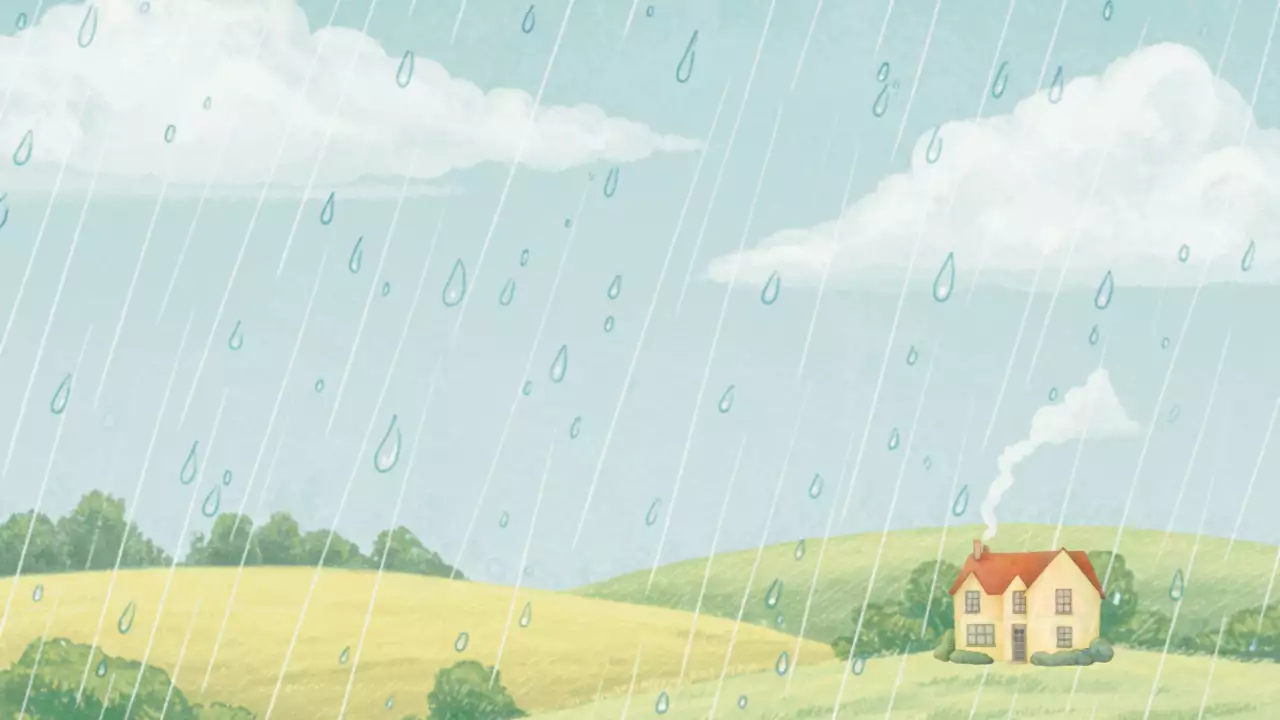 푸른 하늘과 비가 내리는 풍경이 담긴 빈티지 엽서