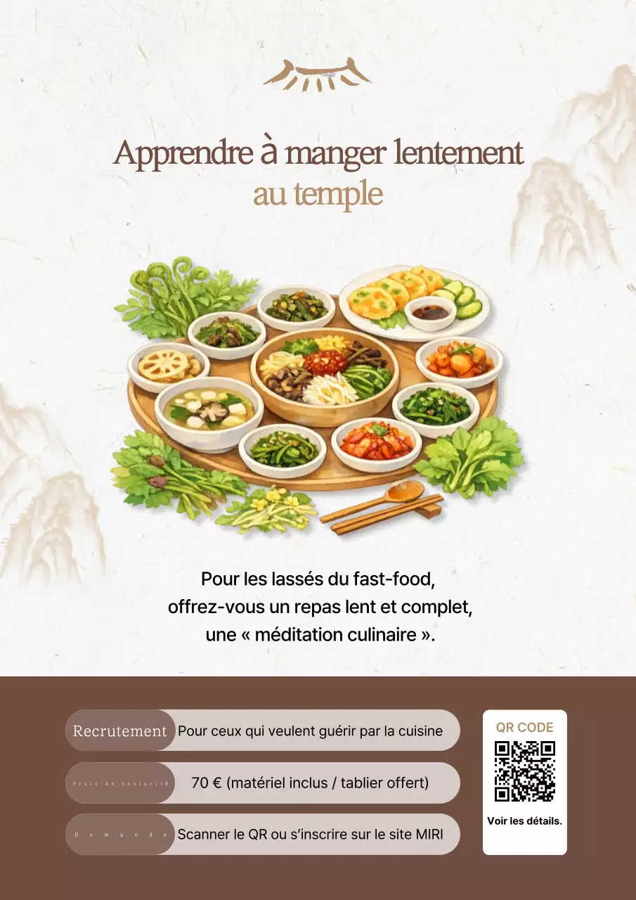 Informations de recrutement pour le programme Slow Meal du temple traditionnel de Brown Mountain