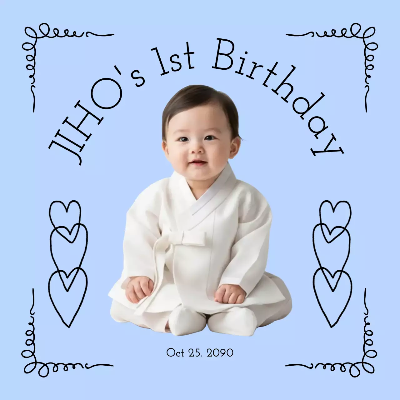 하늘색 아기자기한 돌잔치 초대장