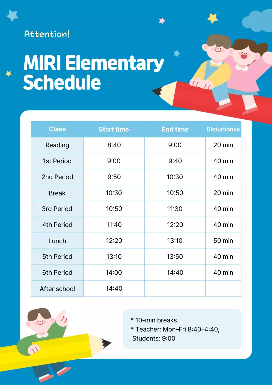 Blue Simple Elementary School Timetable Guide