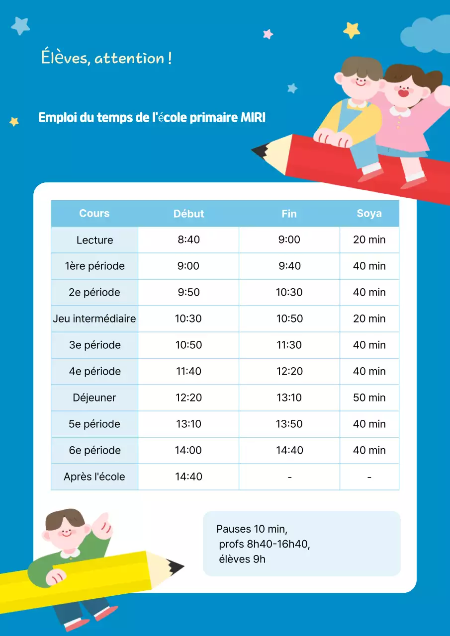 Guide des horaires des écoles primaires Blue Simple