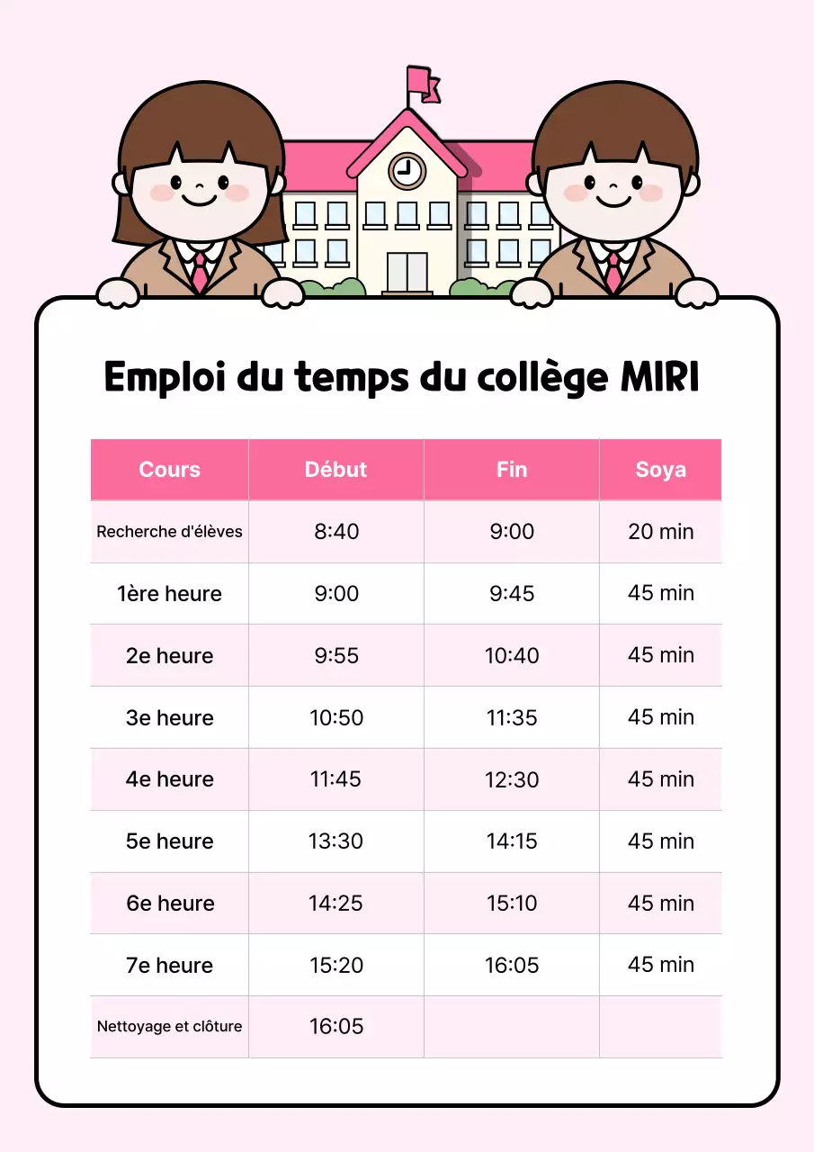 Guide des horaires roses simples pour le collège