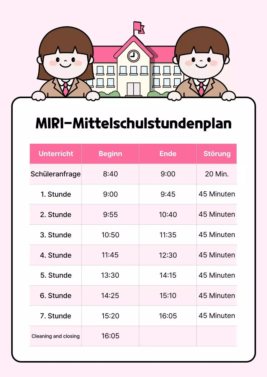 Pinkfarbener einfacher Stundenplan für die Mittelschule