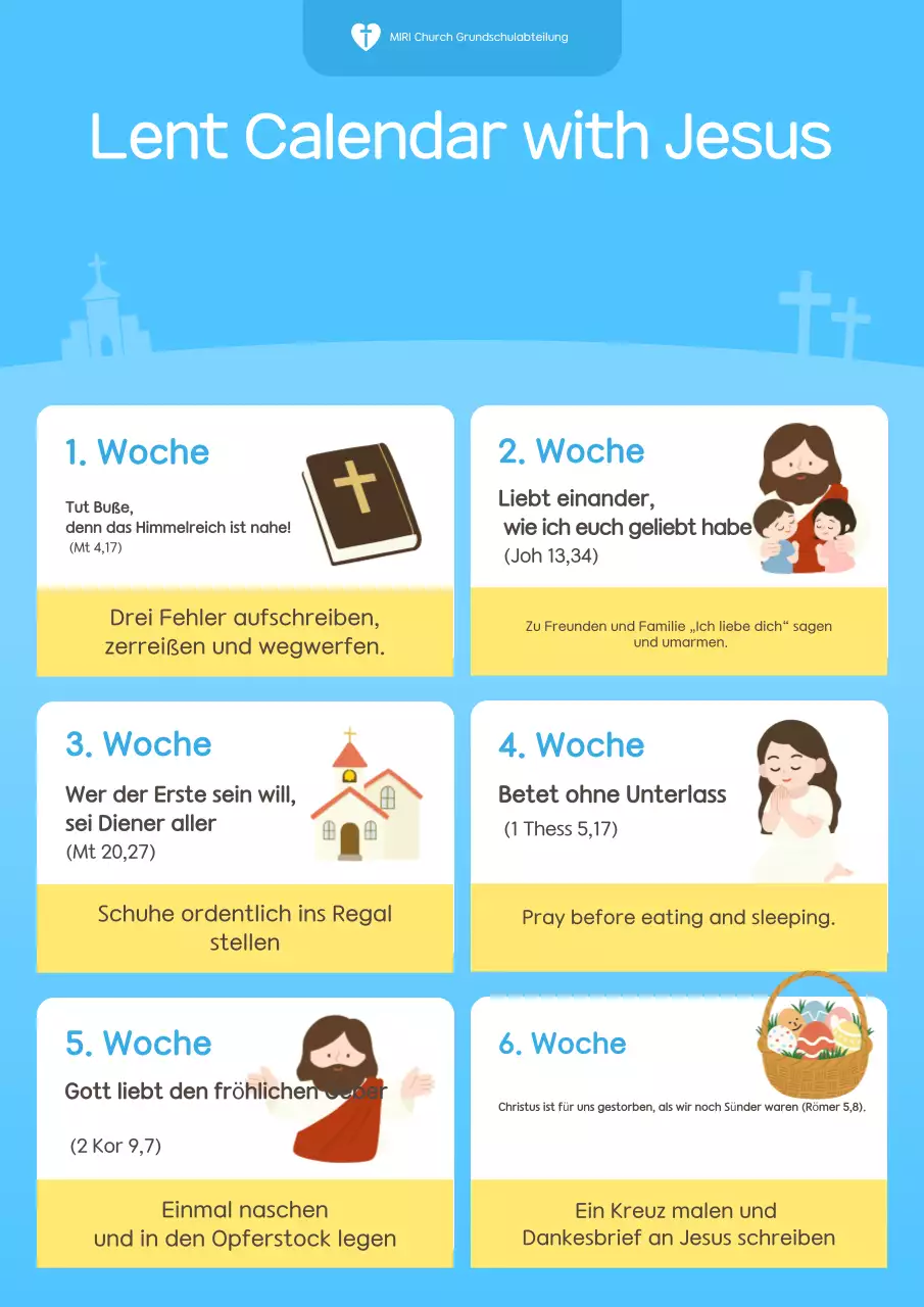 Einfacher blauer Fastenkalender mit Wortanleitung