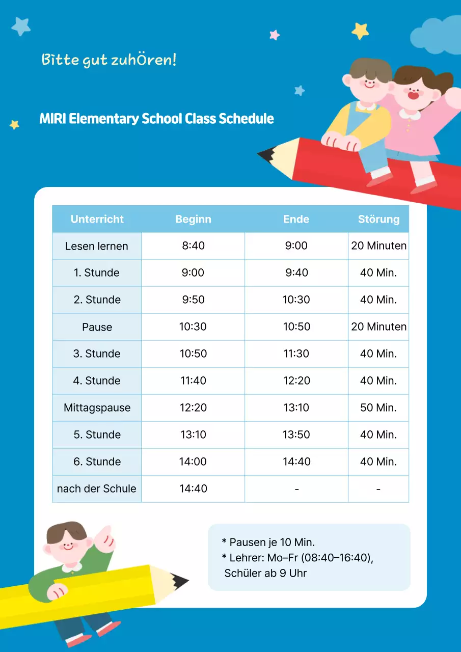 Einfacher Stundenplanleitfaden für die Grundschule (Blue Simple Elementary School)