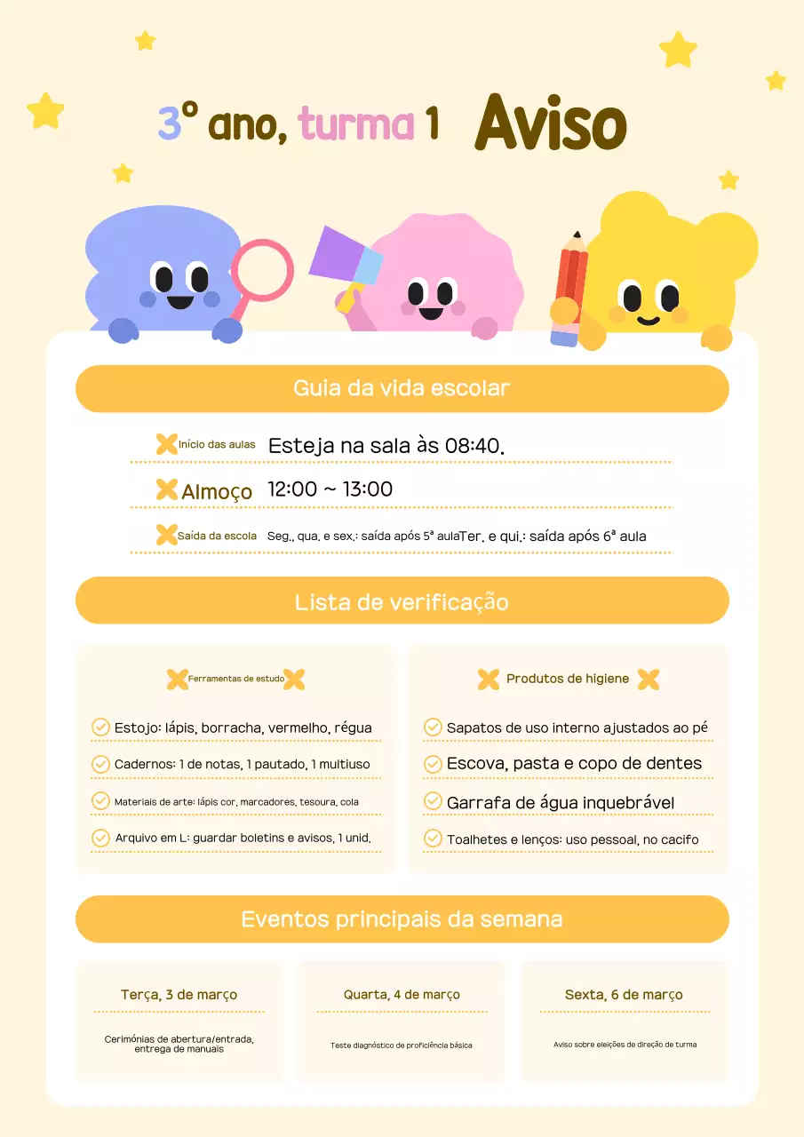 Guia minimalista amarelo para a vida escolar no ensino fundamental