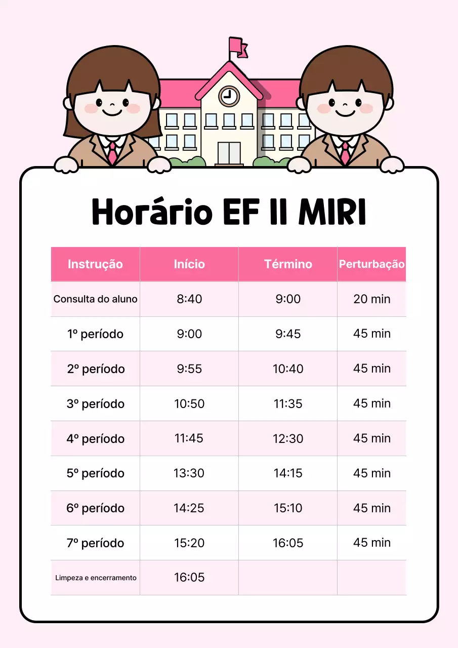 Guia de Horários Simples Rosa para o Ensino Fundamental II