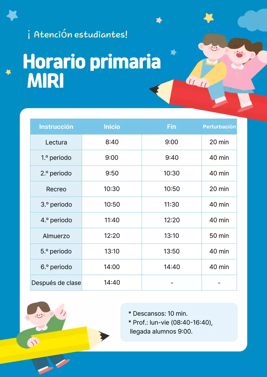 Guía de horarios de la escuela primaria Blue Simple