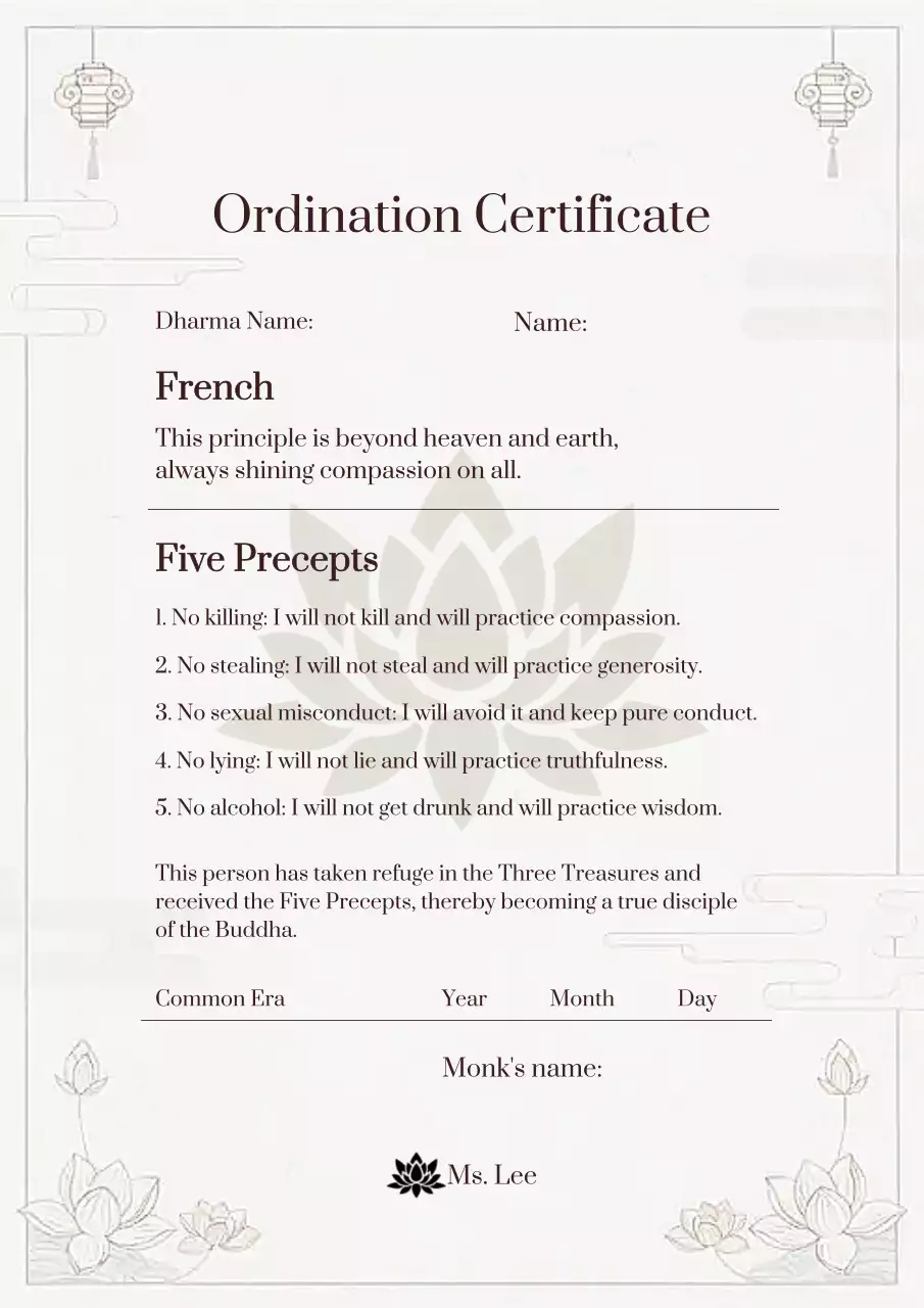 beige traditional Buddhism certificate