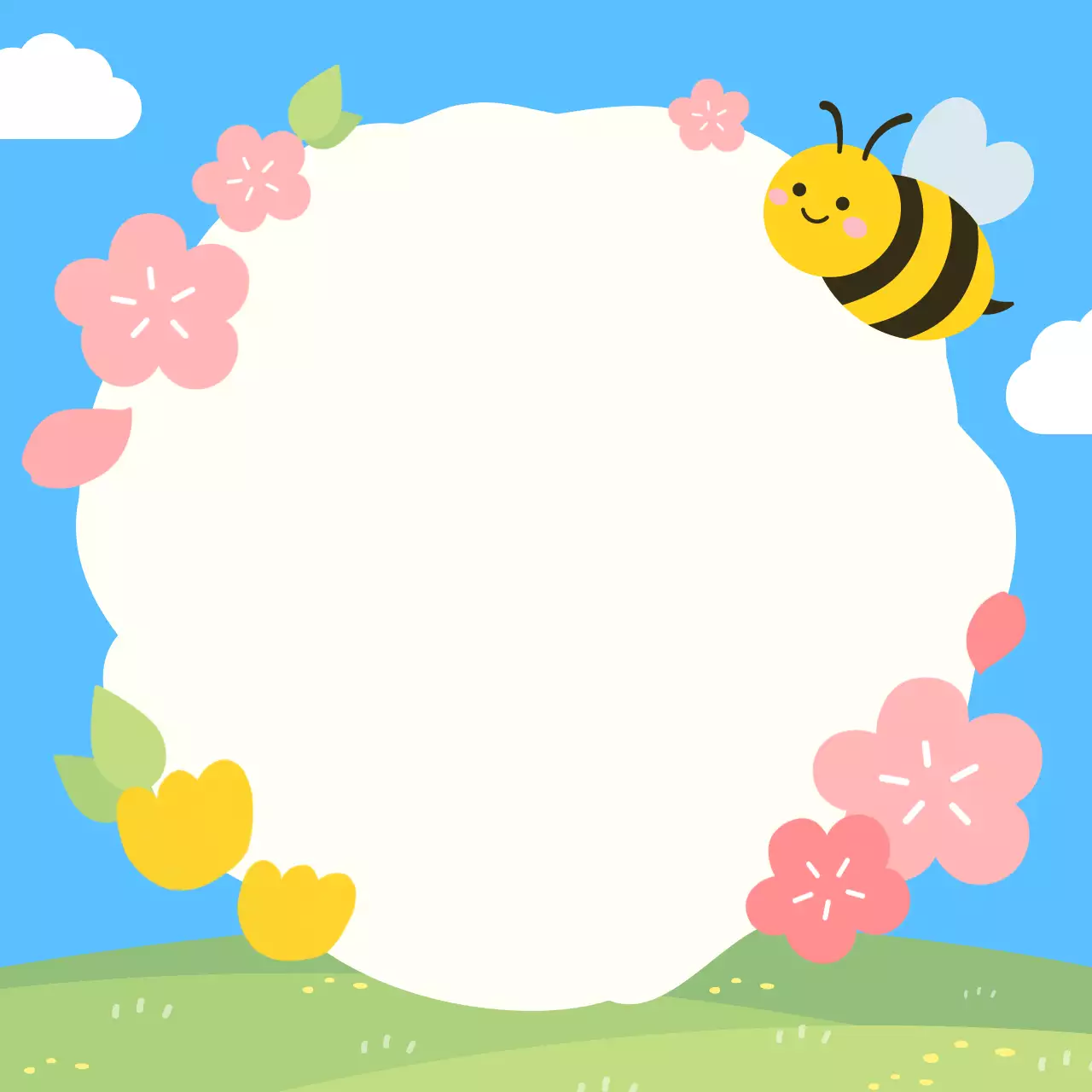 파란색 아기자기한 봄꽃과 벌 프레임