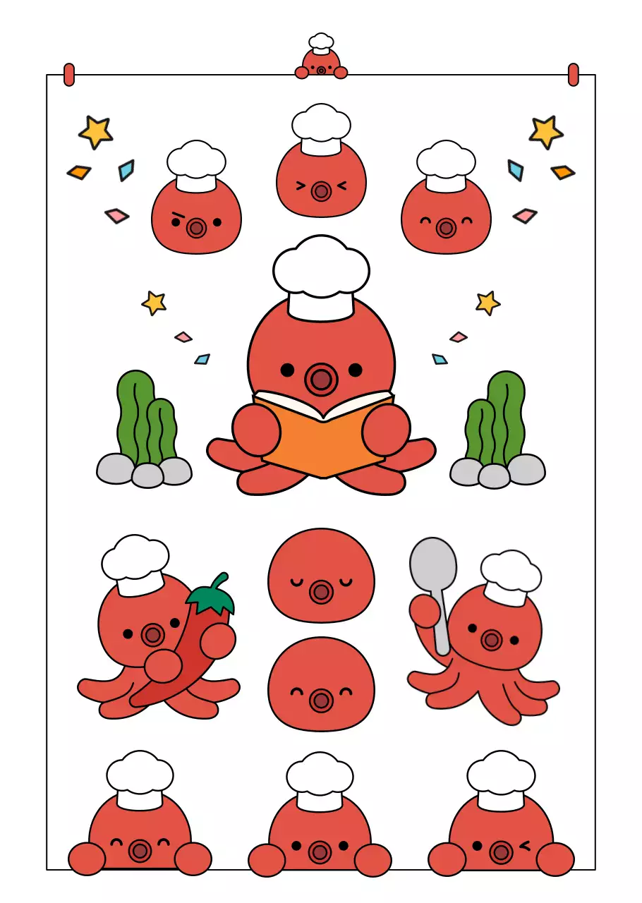 빨강 아기자기한 문어 요리 캐릭터