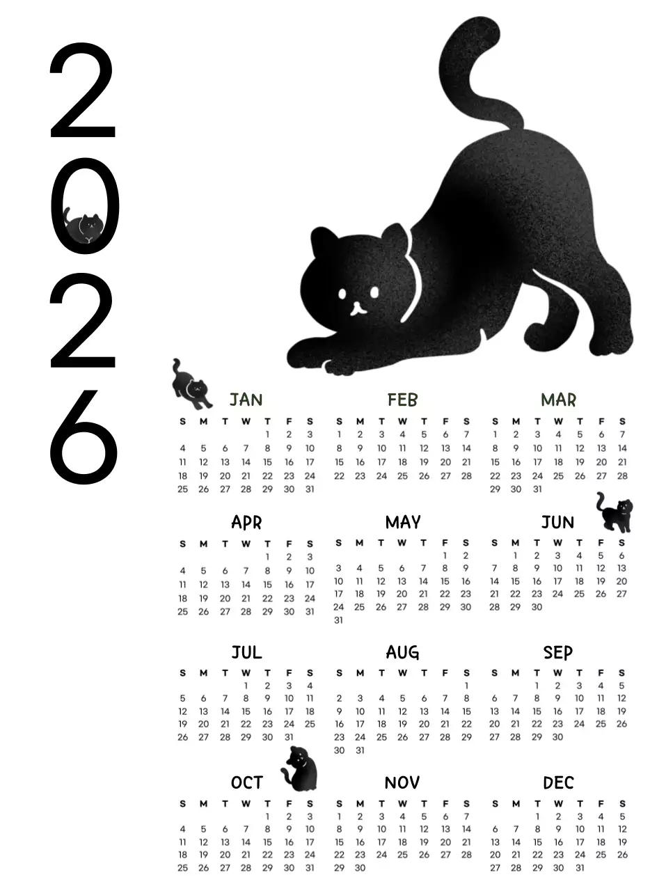 검정 심플 2026년 고양이 달력