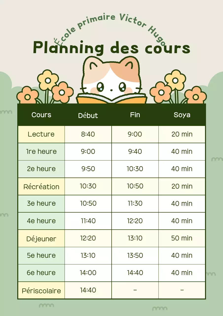 Guide des horaires de classe de l'école primaire minimale de Yeondu
