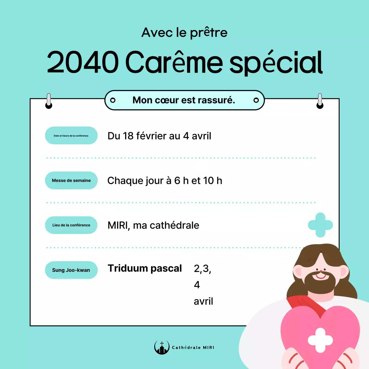 Informations promotionnelles sur les conférences spéciales du Carême catholique en couleur menthe