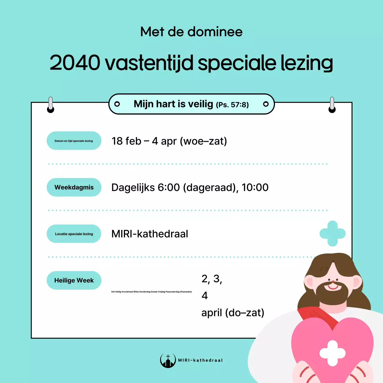 Promotionele informatie over de speciale lezingen voor de katholieke vastentijd in mintkleur.