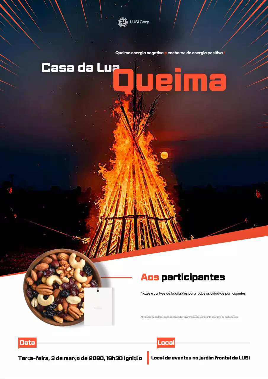 Evento de queima de casas Orange Clean Moon