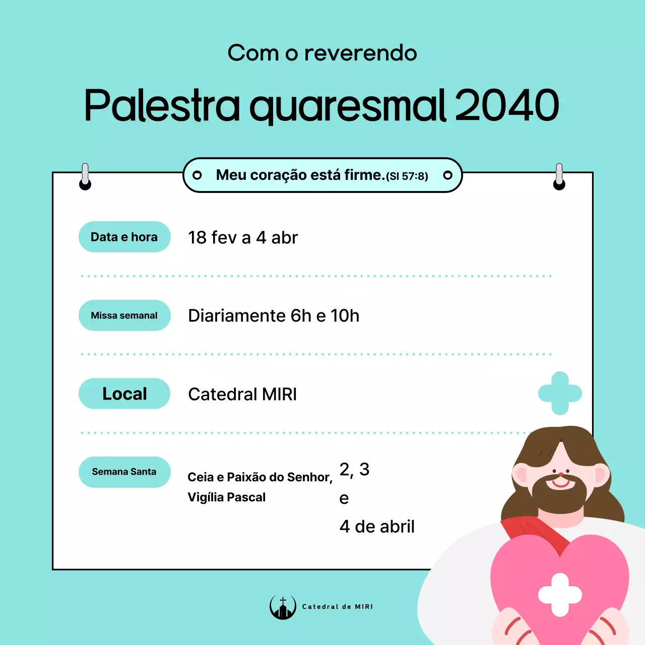 Informações promocionais sobre as palestras especiais católicas da Quaresma na cor menta.