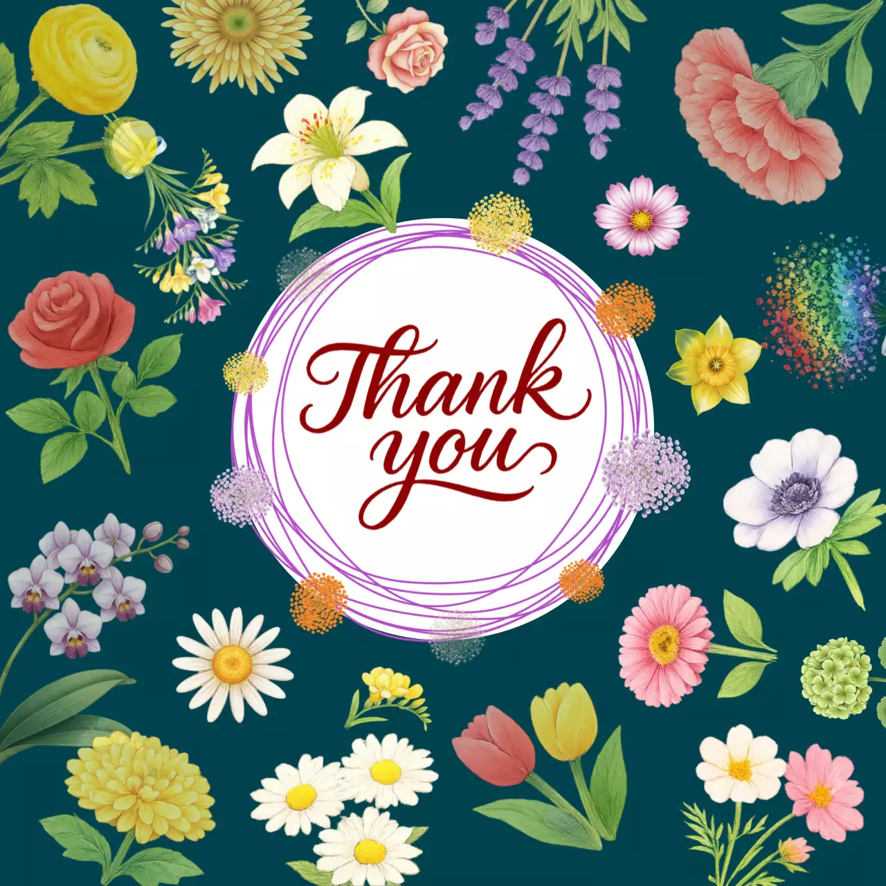 무지개 빛 심플 플라워 감사 카드