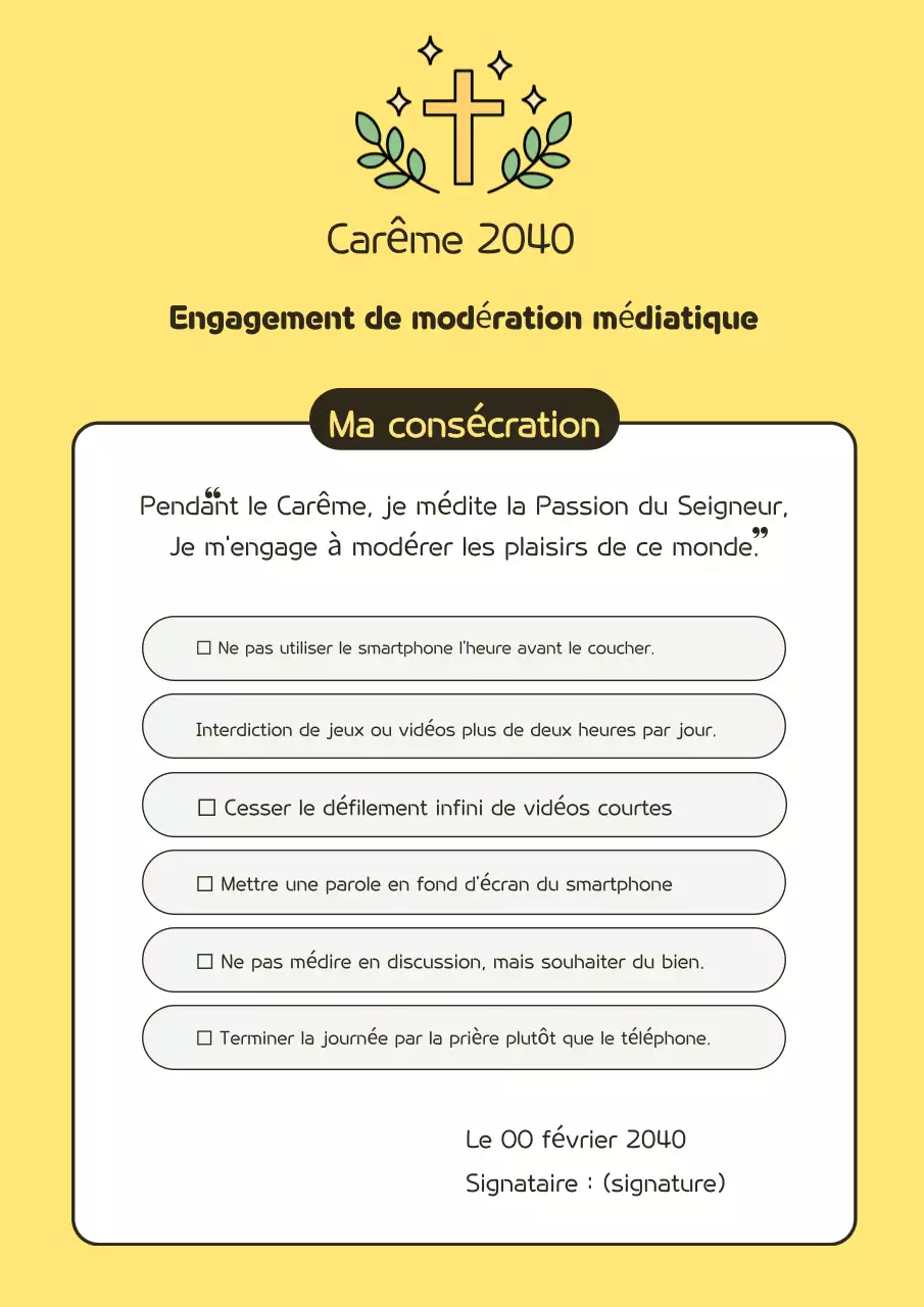 Offrande d'abstinence de médias simples jaunes pour le Carême