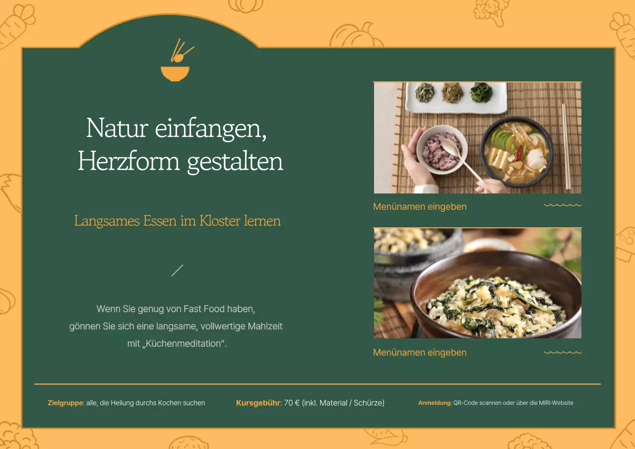 Werbung für ein einfaches Tempelessen in Gelb und Grün