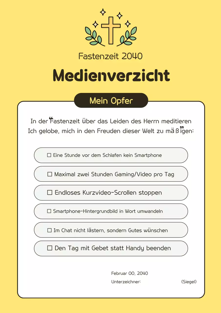 Gelbe einfache Fastenzeit Medienabstinenz Opfergabe
