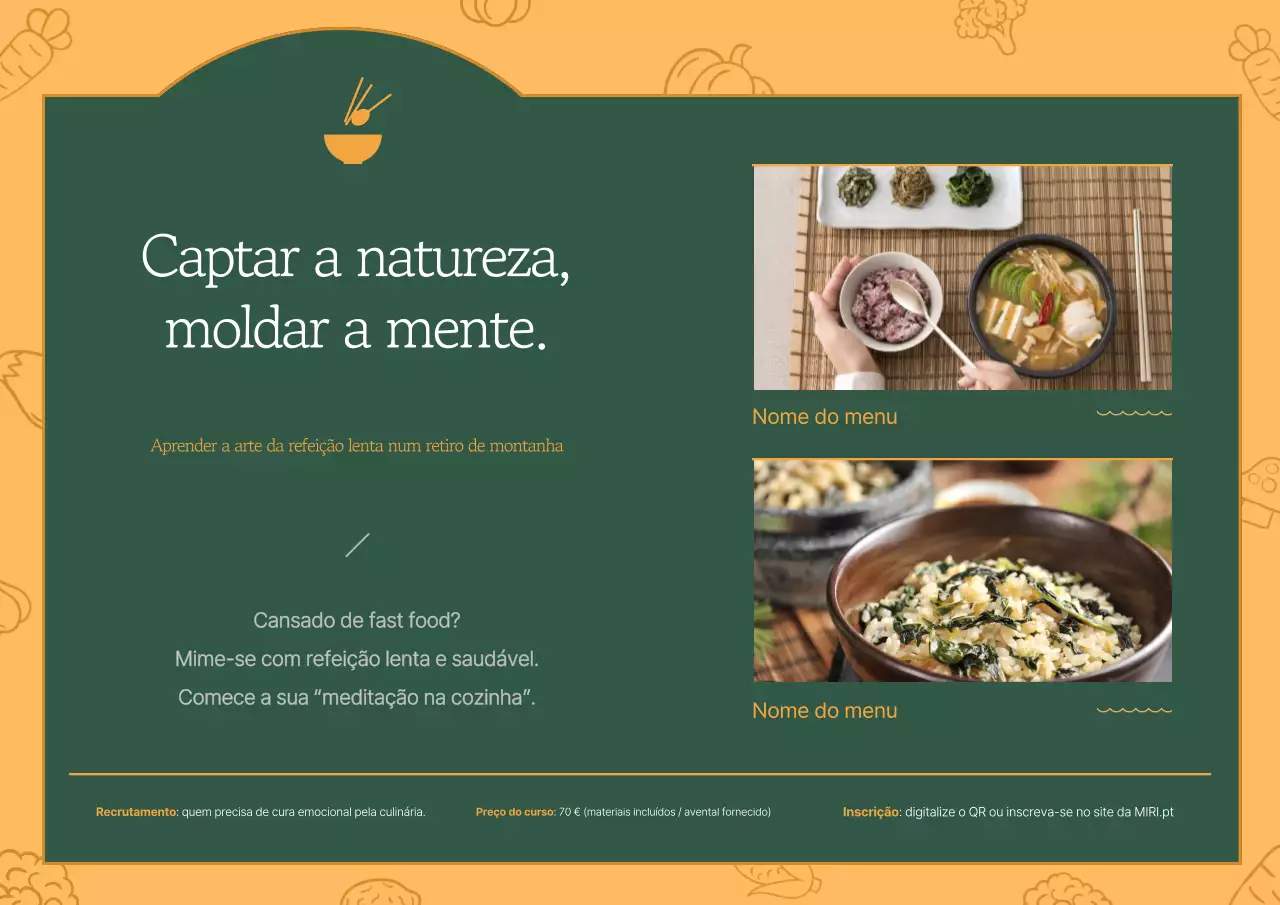 Promoção de um prato simples de comida de templo em amarelo e verde.