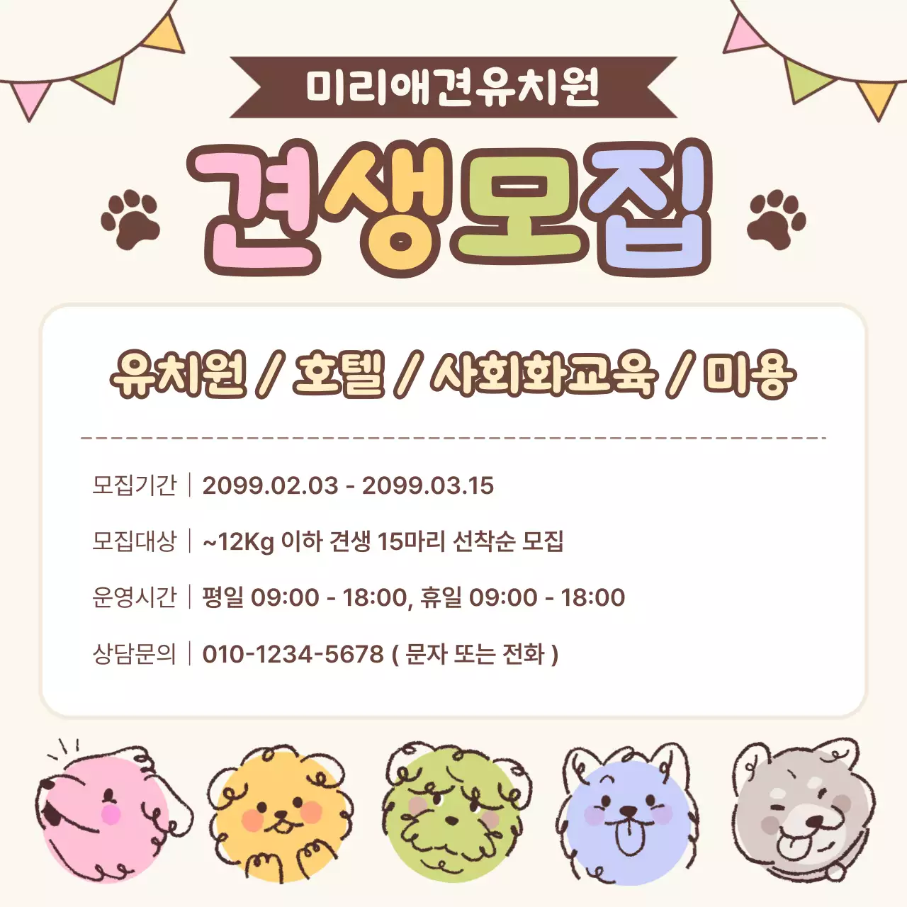 베이지 아기자기한 반려견 유치원 모집 안내