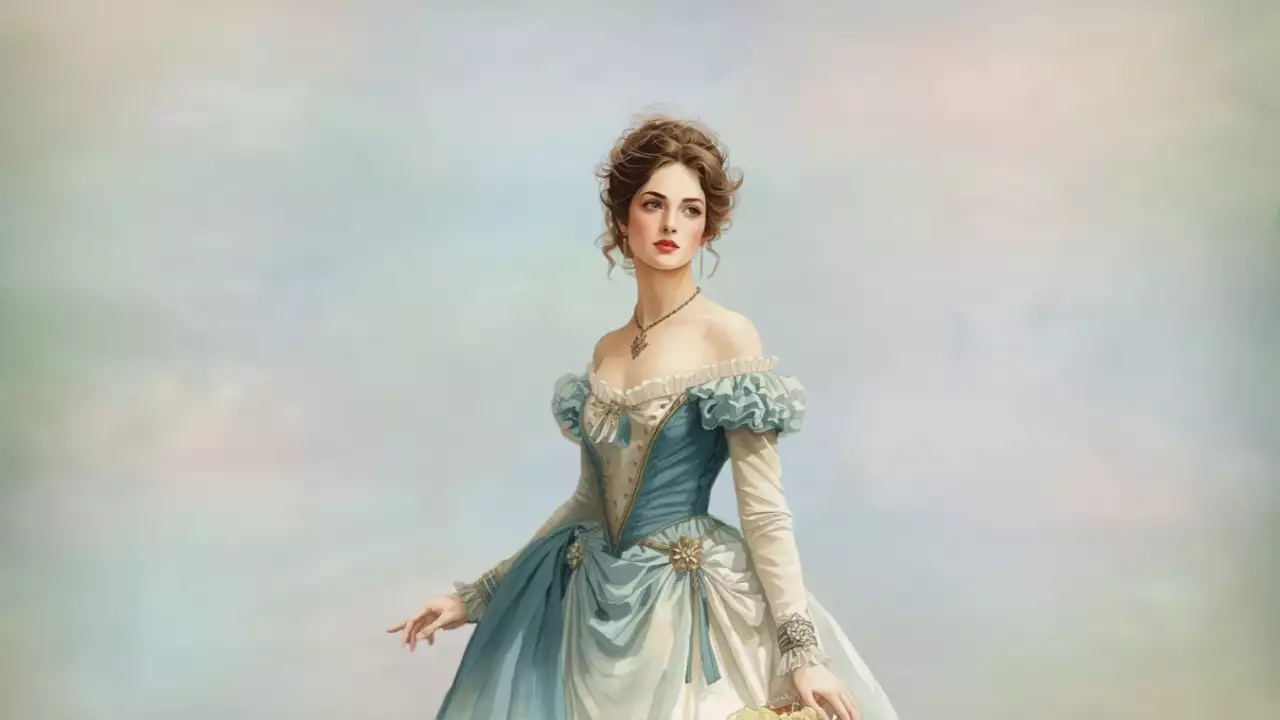 중세 시대 여성의 고전적인 의상을 패러디한 하늘색 의상의 배경