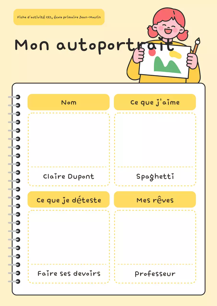 Fiche d'activité jaune d'auto-présentation simple - Publicité éducative