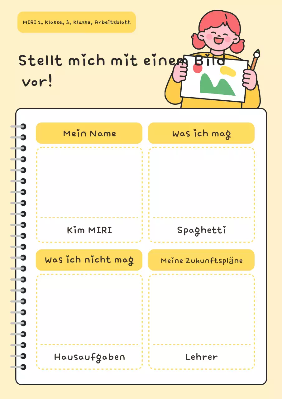 Gelbes Arbeitsblatt zur einfachen Selbstvorstellung – Bildungswerbung