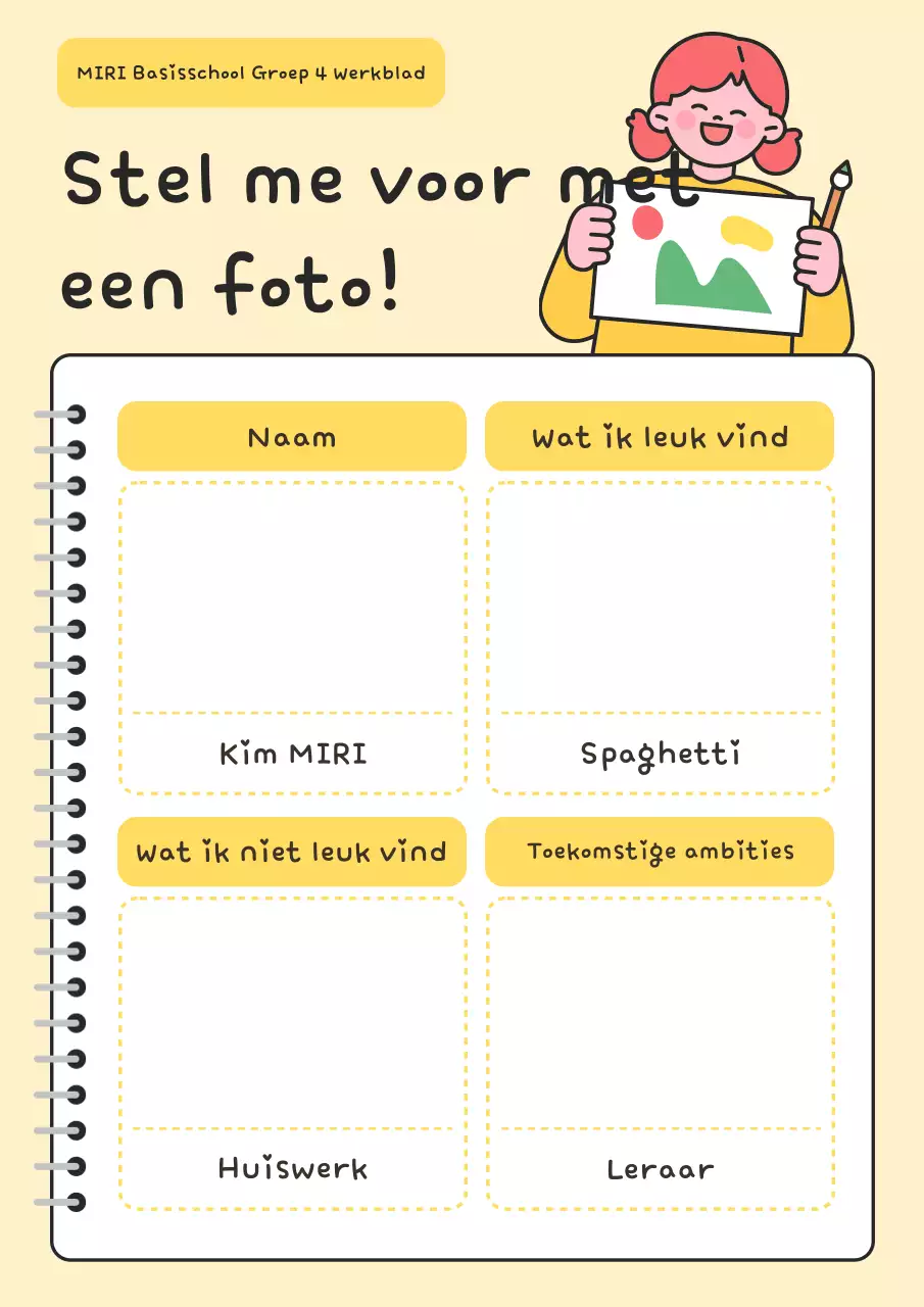 Geel, eenvoudig zelfintroductie-activiteitenblad, educatieve advertentie