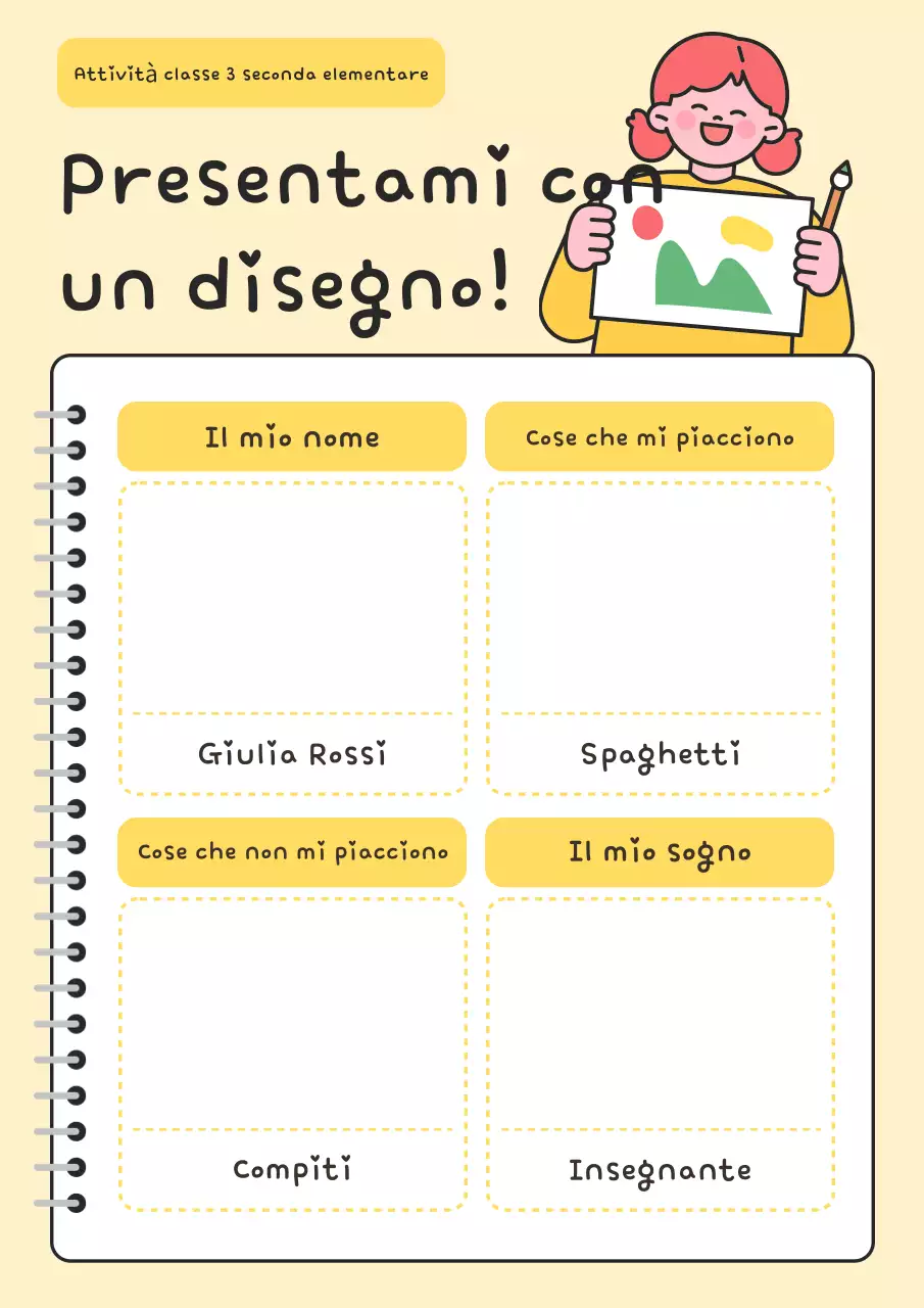 Foglio di attività di autopresentazione semplice giallo Pubblicità educativa