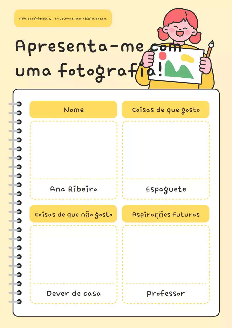 Folha de atividades simples de autoapresentação amarela - Anúncio educacional