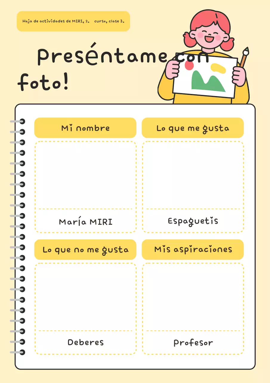 Hoja de actividades de autopresentación sencilla en amarillo Anuncio educativo