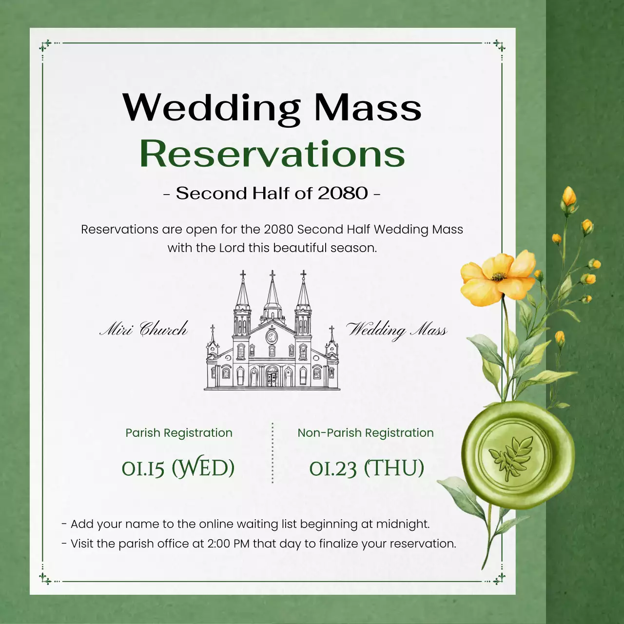 녹색의 우아한 결혼식 예약