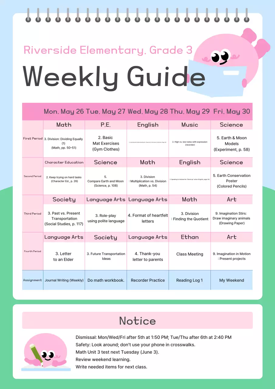 Pink Simple Elementary School Weekly Study Guide