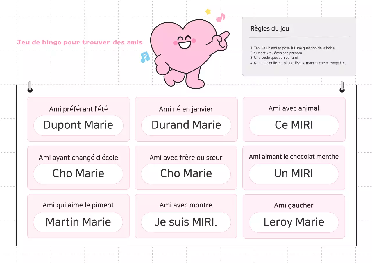 Guide du jeu de bingo « Trouver un ami bébé rose »