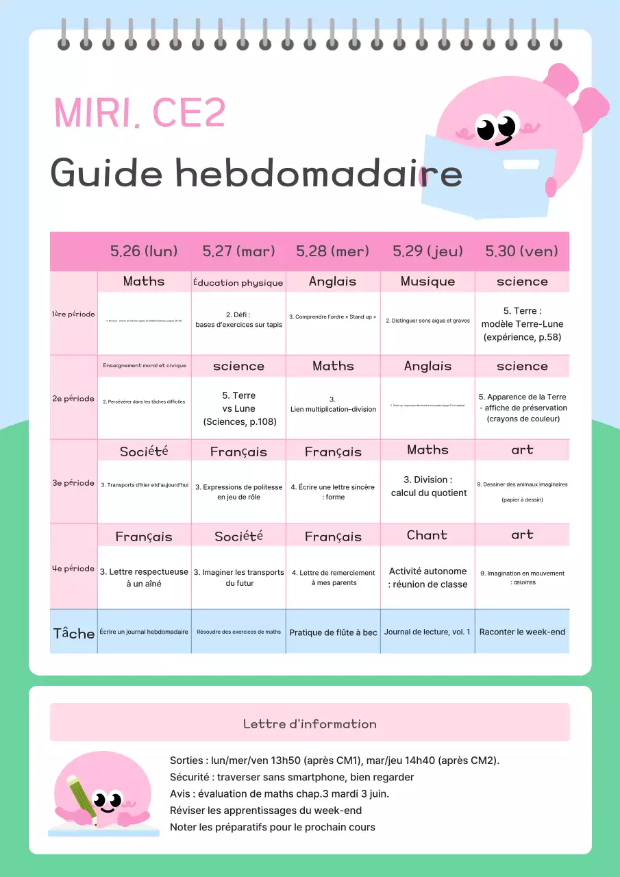 Guide d'étude hebdomadaire rose simple pour l'école primaire